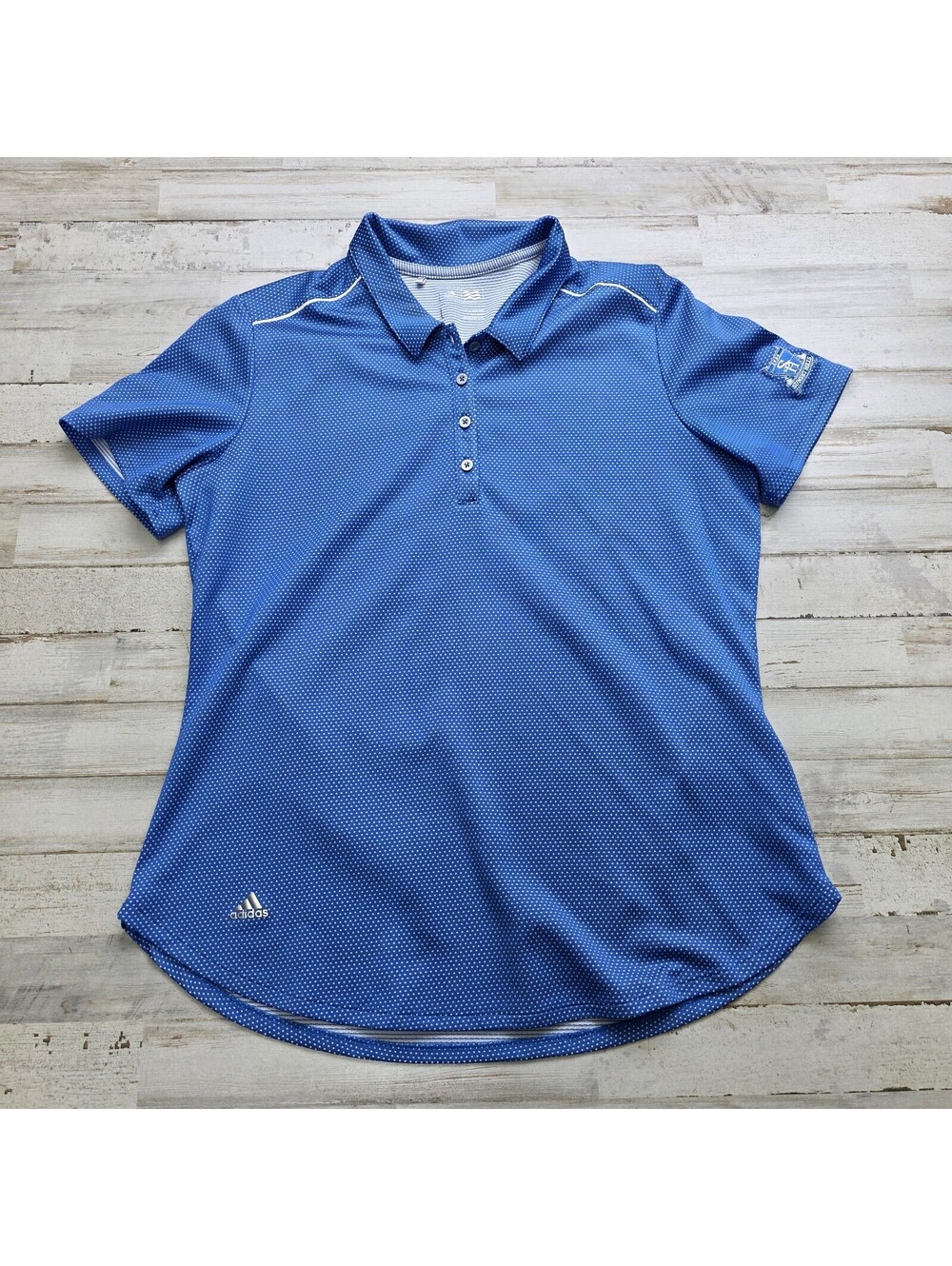 Adidas Women's LG Golf Polo Shirt Blue Polka Dotted Short Sleeve Athletic Top